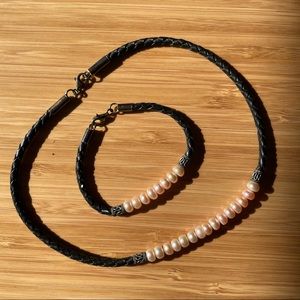 Braided Leather and Pearl Necklace and Bracelet